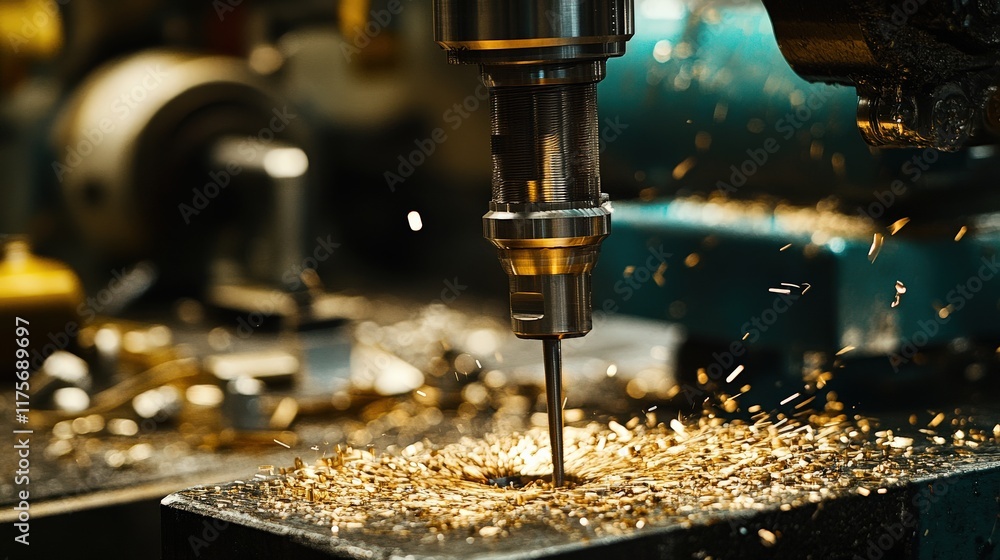 Poster close-up of a precision drill bit in action creating metal shavings in a brightly lit workshop with 