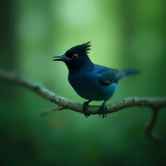 Obraz premium A close-up image of a blue bird perched on a branch, with a blurred green background.