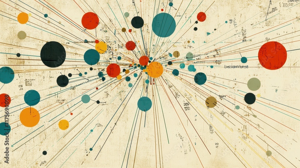 Poster abstract colorful visualization of data points radiating from a central origin on a textured backgro
