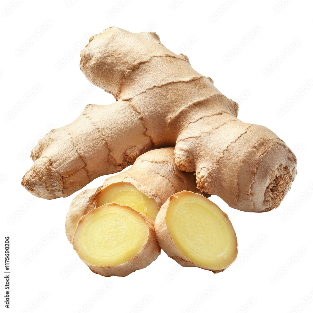 Poster fresh ginger root displayed on a transparent background showcasing its unique texture and vibrant co