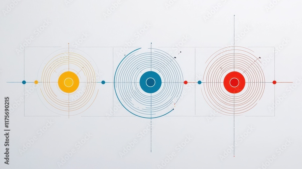 Poster abstract circles with concentric lines in yellow, blue, and red on a light background for creative d