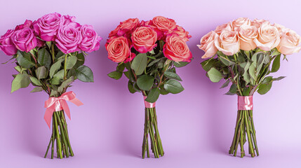 Obraz premium Elegant bouquet of pink, orange, and cream roses with green leaves