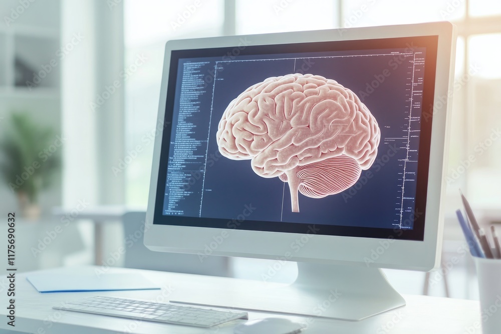 Poster close-up of brain scan on computer monitor in softly lit room symbolizing scientific exploration