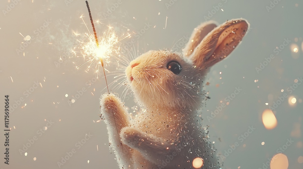 Poster adorable fluffy rabbit holding a sparkler, surrounded by shimmering sparks, creating a magical and f