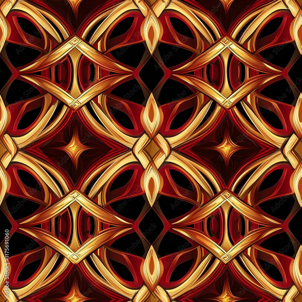Poster abstract geometric pattern with rich golden and red hues on a dark background, creating a striking v