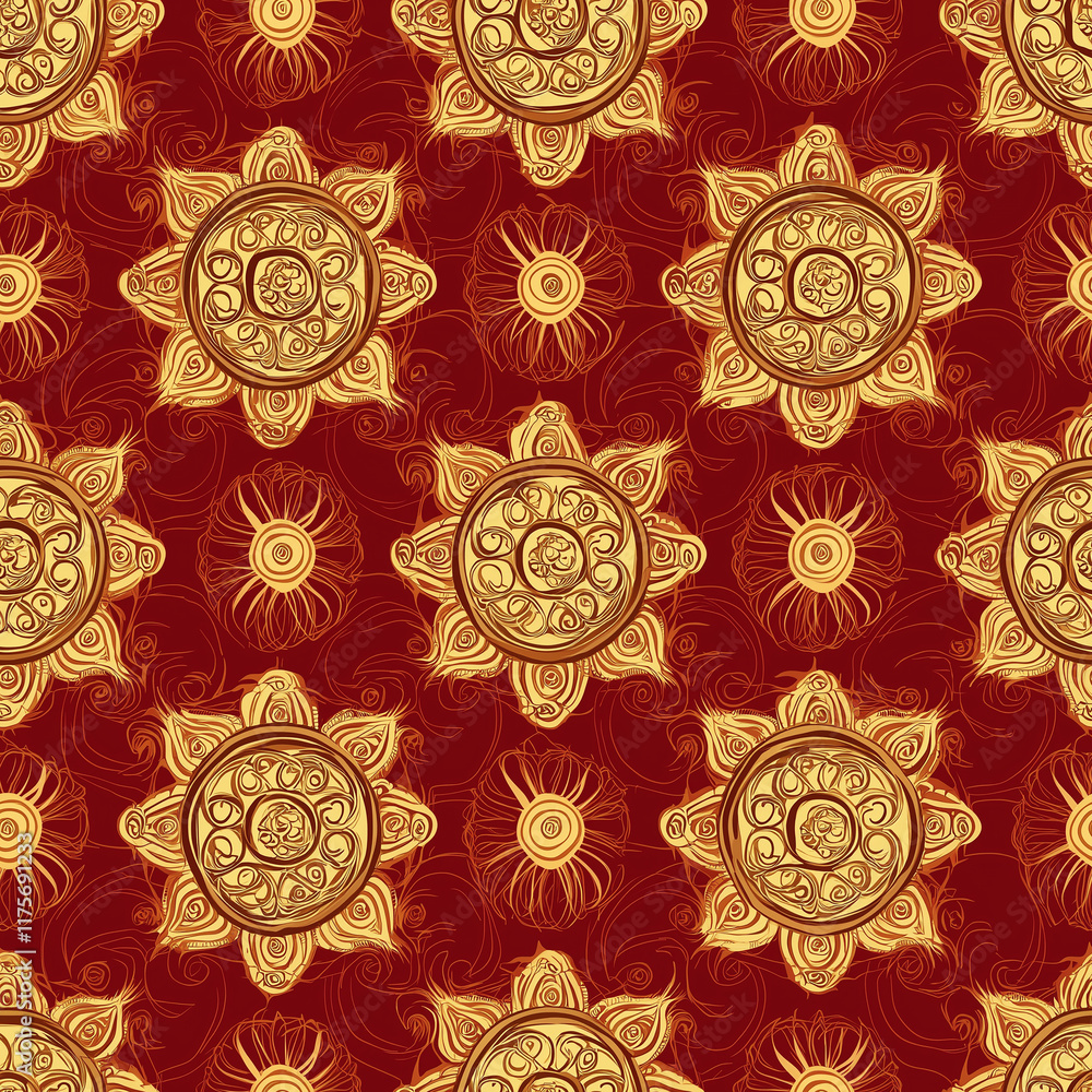 Poster intricate golden floral pattern on a rich red background, creating a vibrant and elegant design suit