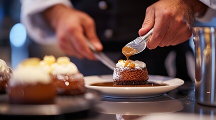 Culinary Artist Preparing Delicious Dessert with Careful Precision and Artistic Touch in a Gourmet Kitchen Setting
