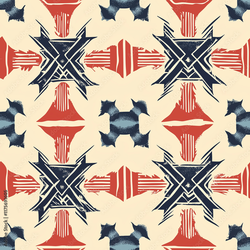 Poster geometric pattern featuring bold navy, red, and cream elements, creating a striking visual design su