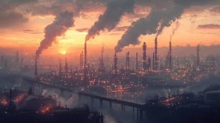Industrial Sunset: A Breathtaking View of an Oil Refinery at Dusk