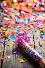 Fototapeta premium close-up of decorative noisemaker surrounded by scattered confetti on wooden table