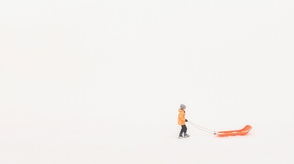 Fototapeta premium Child in bright orange coat dragging red sled across snowy landscape in winter wonderland setting with white background
