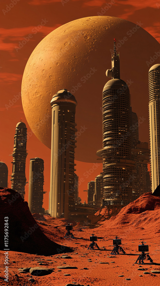 Aufkleber a space colony on mars where robots build habitats under a reddish sky.