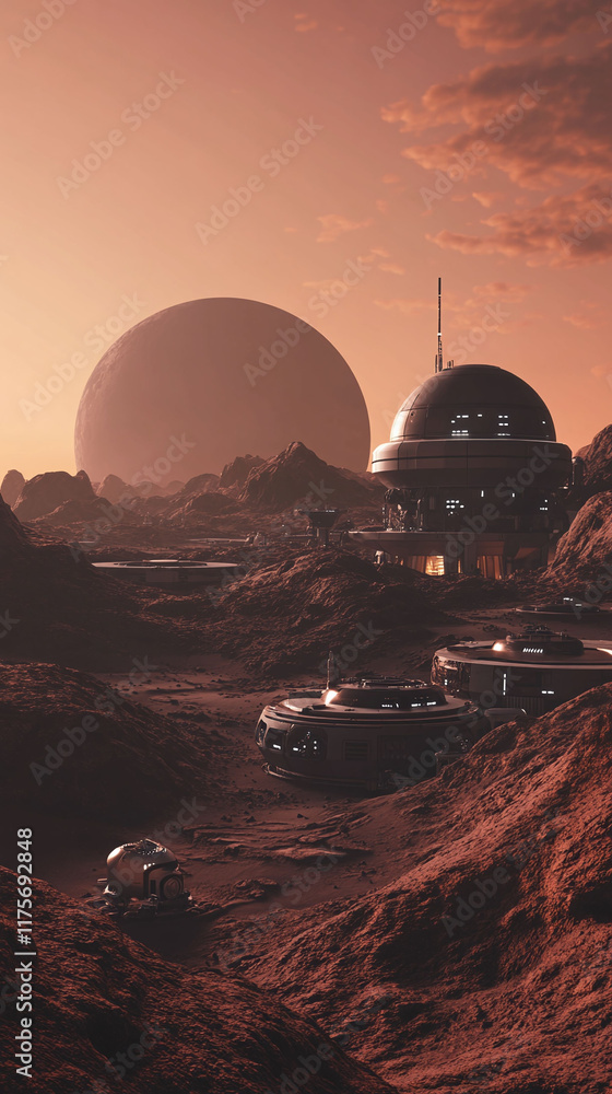 Aufkleber a space colony on mars where robots build habitats under a reddish sky.