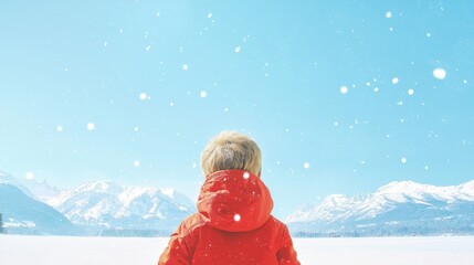 Child in Red Jacket Enjoys Snowfall with Mountains and Clear Blue Sky in Winter Wonderland Scene