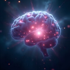 Fototapeta premium The image features a 3D rendering of a brain surrounded by glowing particles and radiating energy, suggesting a technological or digital representation.