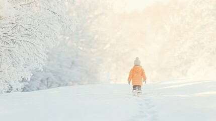 Child in orange coat walking through winter wonderland in soft sunlight with snow-covered trees in the background