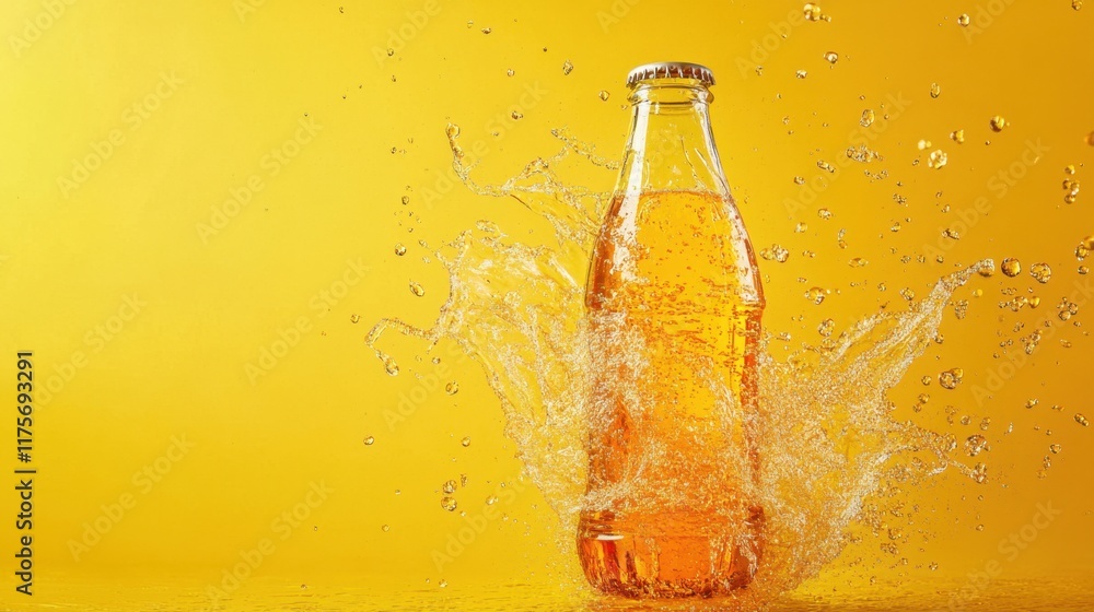 Poster a vibrant soda bottle with fizzing liquid exploding outward on a striking yellow background.