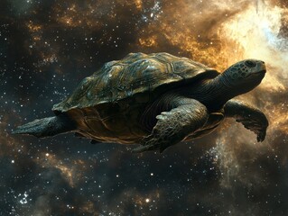 A turtle featuring a unique mansard roof shell floats gracefully in a vibrant cosmic expanse filled with stars and swirling colors, creating an otherworldly atmosphere