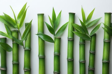 Obraz premium tropical bamboo trunks arranged elegantly on a white backdrop create a natural serene composition the texture and green hues evoke a sense of tranquility and ecofriendliness