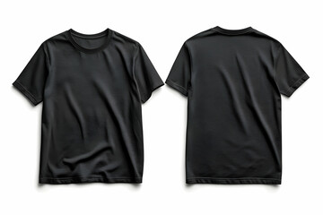 A blank black t-shirt mockup featuring both front and rear views, ideal for logo designs, isolated on white.