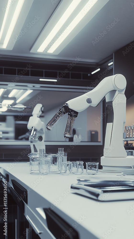Poster an advanced laboratory with robotic arms conducting experiments in a sterile high-tech environment.