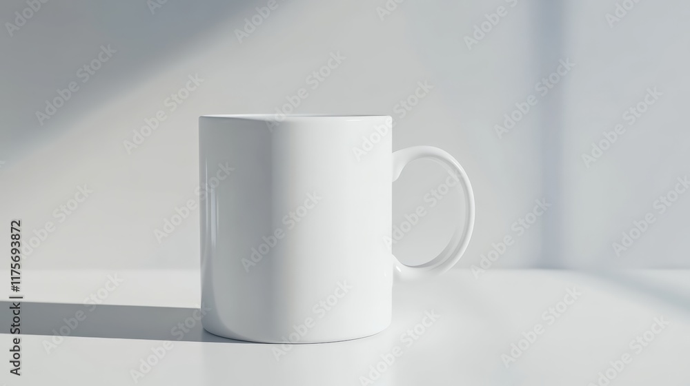 Poster White mug mockup casting a shadow on white table with white background illuminated by natural light from window, creating a minimalist and modern aesthetic, ideal for showcasing designs or branding