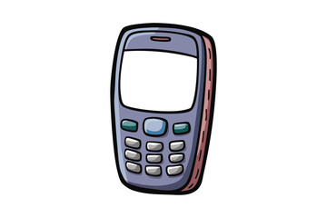 Illustration of a nostalgic mobile phone with buttons and display, hand drawn design in a clean and simple format
