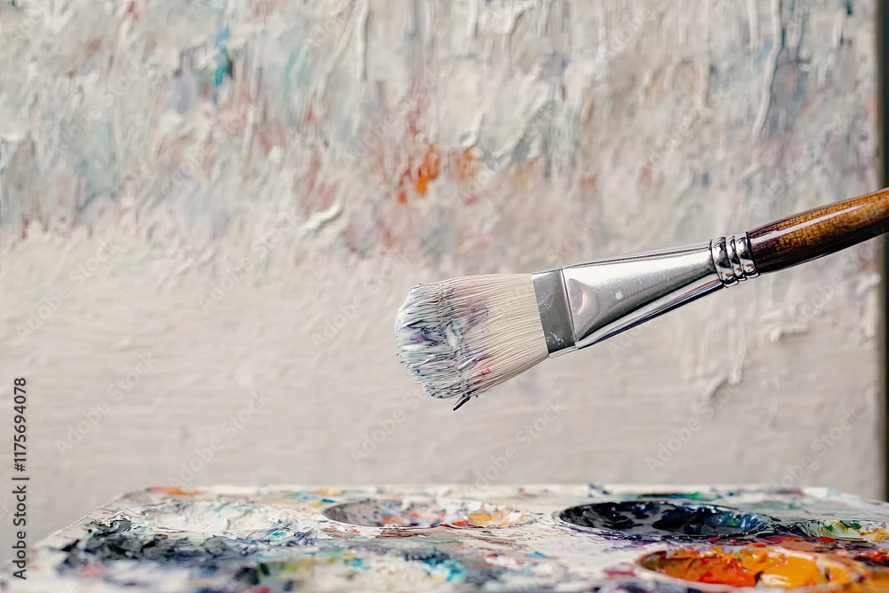 Poster close-up of paintbrush dipping into palette with empty canvas softly blurred in background