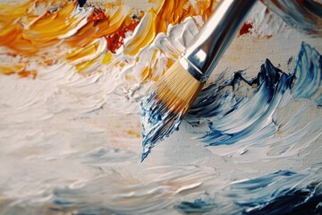 Obraz premium close-up of paintbrush dipping into palette with empty canvas softly blurred in background