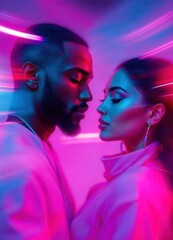 Couple in Neon Lights and Romantic Glow