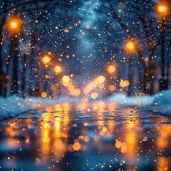 Bright lights illuminate a tranquil winter night as snowflakes gently fall, creating a magical atmosphere. Reflections shimmer on the wet pavement under the glow of street lamps