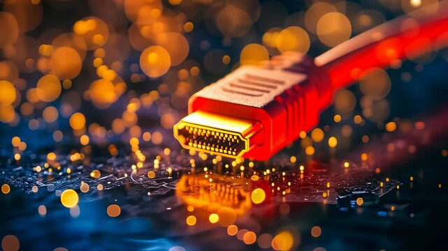 An intense close-up of a red HDMI cable with golden sparkles in the background. The vibrant colors illuminate, creating a dynamic tech-inspired atmosphere.