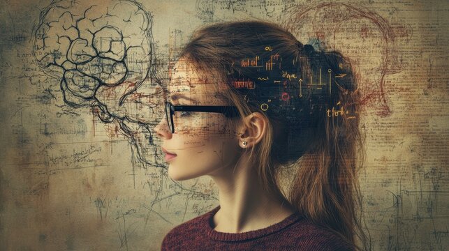 A young woman with glasses contemplates the intricate workings of the brain, representing the delicate relationship between high IQ and cognitive functions