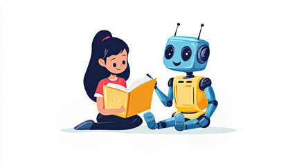Illustration of A Robot Tutor Guiding a Child Through a Book on a White Background. Future Of Education With Robots