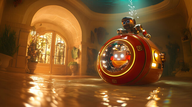 Robot in mini-submarine inside luxurious flooded room.