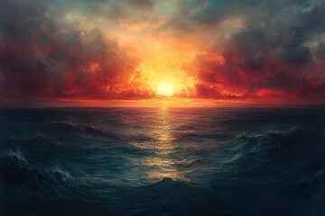 Fototapeta premium Fiery Sunset Over a Turbulent Ocean Sea