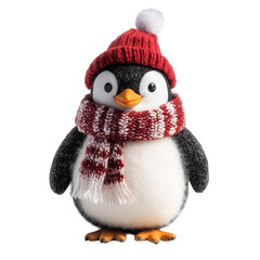 Fototapeta premium A cheerful penguin wearing a red knit hat and scarf sets New Year goals on a bright transparent background, Penguin with New Year Goals on transparent background
