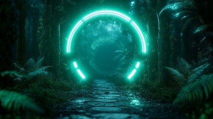 A glowing futuristic forest pathway leads to radiant portal, surrounded by lush greenery