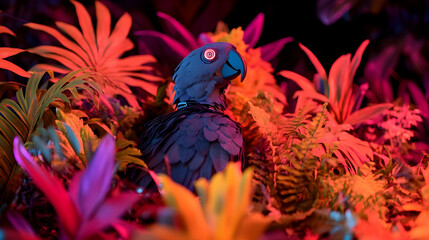 Dark grey parrot amidst vibrant tropical foliage under neon lighting.