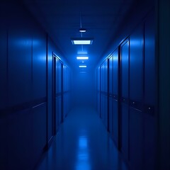 The image features a long, dimly lit corridor with rows of closed doors on both sides, bathed in a blue light.