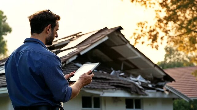 A cracked roof and shattered windows serve as the backdrop as an insurance agent presents a recovery plan on a tablet to a homeowner under the glare of a clear, sunny sky.
