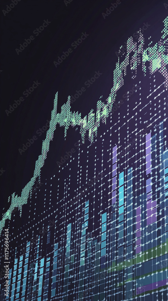 Poster pixel art visual of gdp growth over time represented with line and bar graphs.