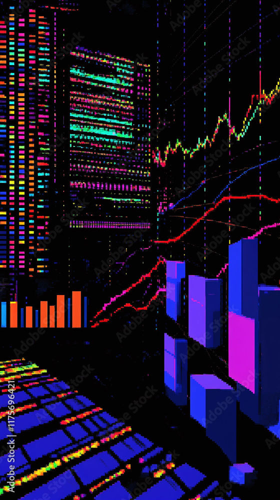 Poster pixel art visual of gdp growth over time represented with line and bar graphs.