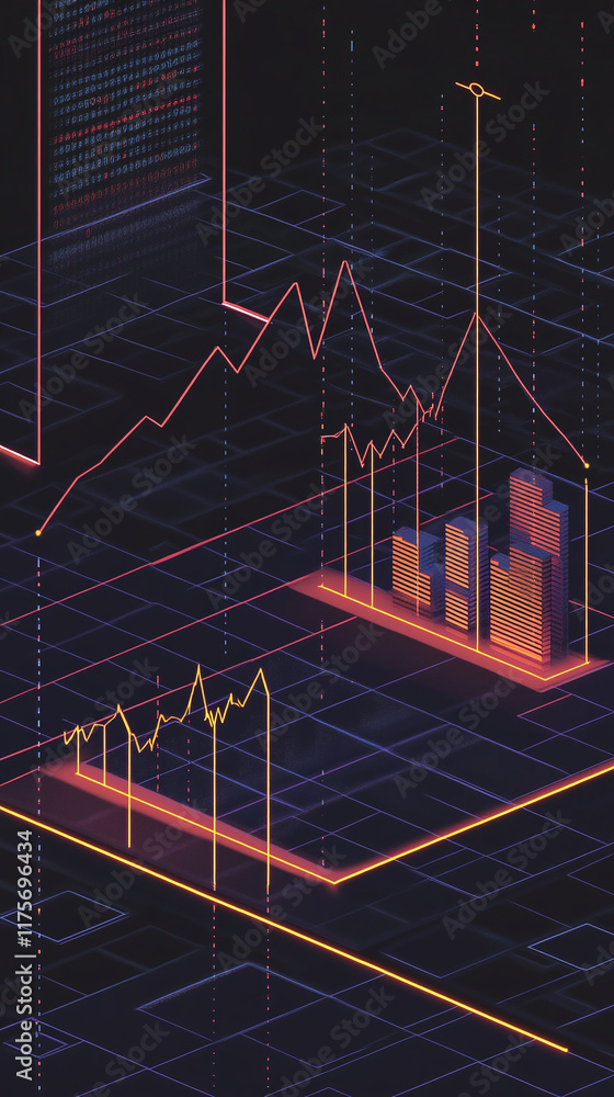 Poster pixel art visual of gdp growth over time represented with line and bar graphs.