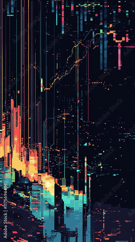 Poster pixel art visual of gdp growth over time represented with line and bar graphs.