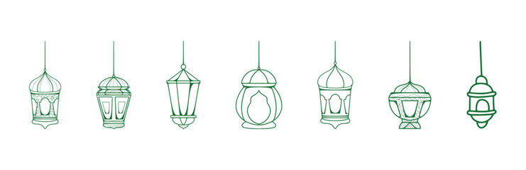 Set of Islamic lantern icons. Vector silhouettes in green and white. Perfect for Ramadan and Eid designs