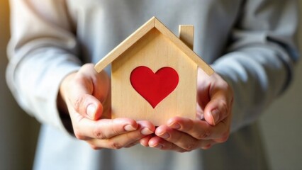 Close-up of a woman's hands holding a wooden house model with a red heart, representing a happy family, housewarming, and new property ownership. National Homeownership Month. Global Family Day. 