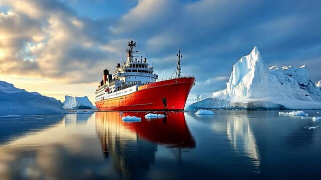 An isolated research outpost surrounded by icebergs, representing tenacity and discovery, is approached by the icebreaker.