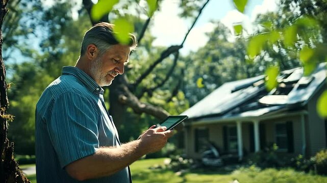 A fallen tree rests against a storm-damaged house as an insurance agent holds up a tablet, discussing recovery steps with a homeowner on a bright, clear day.