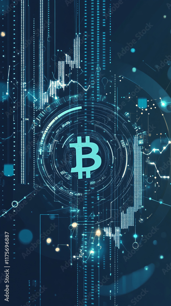 Poster pixel finance graph with a digital currency symbol and fluctuating line charts.